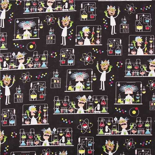 Remnant (50 x 112 cm) - black cotton fabric Michael Miller with multicolor retro lab science experim 2