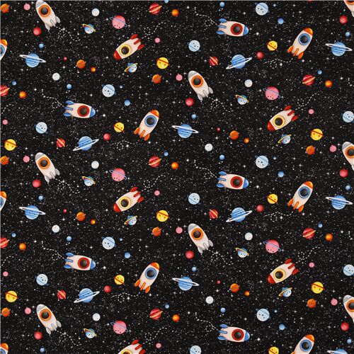 black cotton fabric planets rockets by Michael Miller by Michael Miller ...