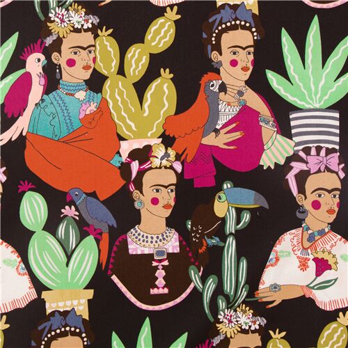 Tela negra de algodn con Frida cactus y pjaros de Alexander Henry Tela