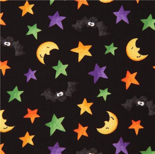 black cute bat moon colorful star fabric Happy Haunting 1