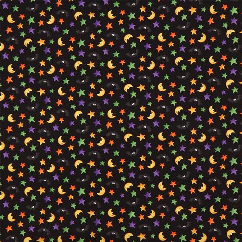 black cute bat moon colorful star fabric Happy Haunting 2