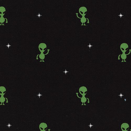 black cute green alien white star fabric by Timeless Treasures 1