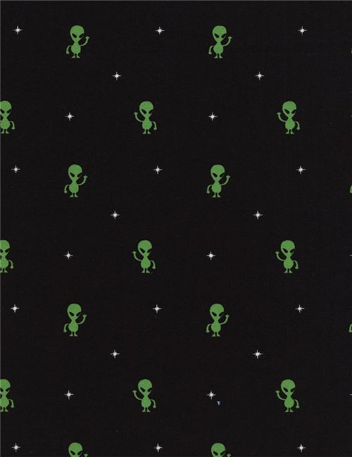 black cute green alien white star fabric by Timeless Treasures 2