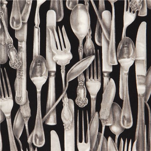 black cutlery fabric Robert Kaufman knife fork 1
