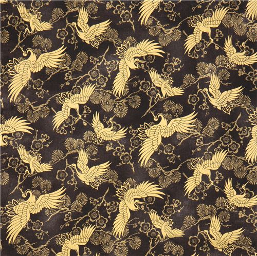 black dark grey with crane gold metallic embellishment fabric Japan 2