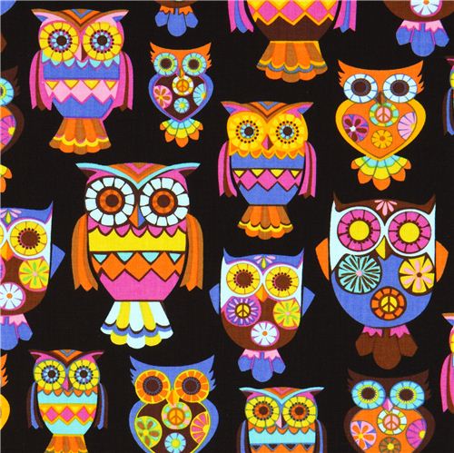 black designer fabric with colourful embellished owls Fabric by ...