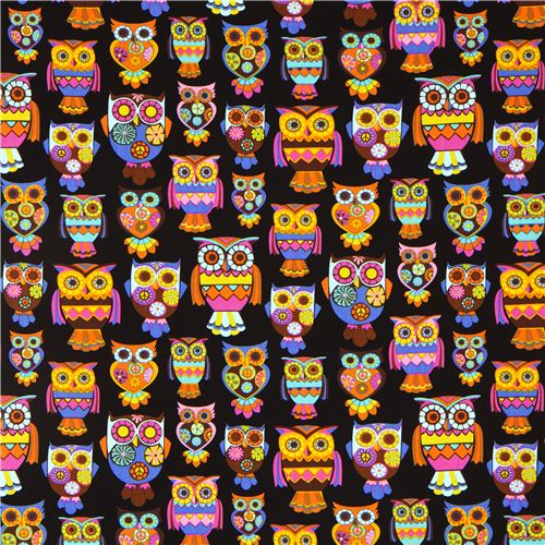 black designer fabric with colourful embellished owls 2