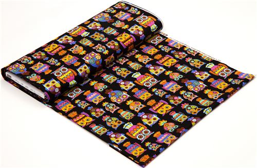 black designer fabric with colourful embellished owls 3