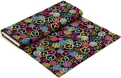 black designer fabric with colourful peace signs and dots 3