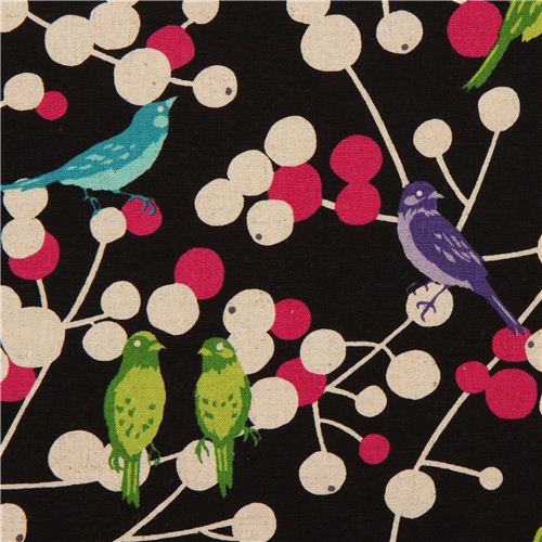black echino birds and berries canvas fabric cherry 1