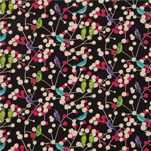 black echino birds and berries laminate fabric cherry 2