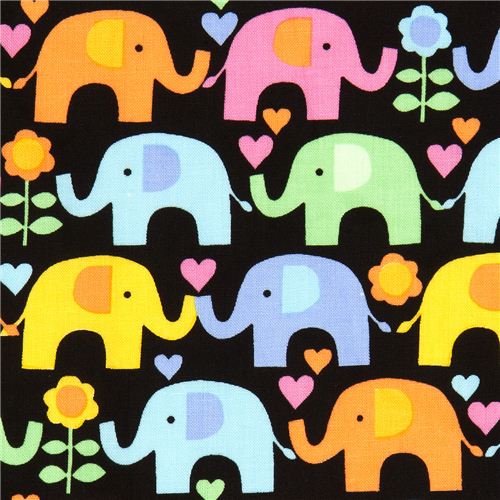 black elephant fabric with heart flower Timeless Treasures 1