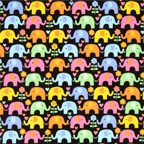black elephant fabric with heart flower Timeless Treasures 2