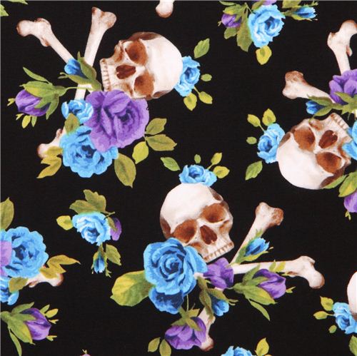 black fabric blue purple flowers big Skull cross bones Michael Miller  1