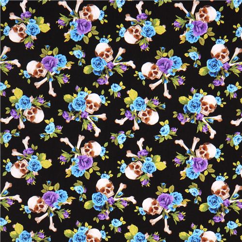 black fabric blue purple flowers big Skull cross bones Michael Miller  2