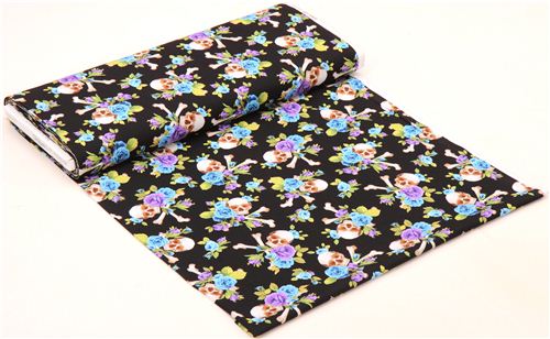 black fabric blue purple flowers big Skull cross bones Michael Miller 3