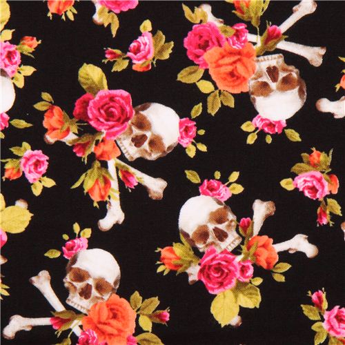 black fabric pink orange flowers Skull cross bones 'Charm Skull' Michael Miller  1