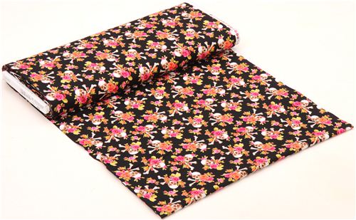 black fabric pink orange flowers Skull cross bones 'Charm Skull' Michael Miller  3