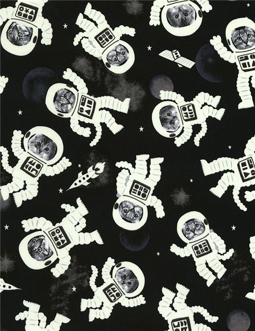 black fabric with astronaut cat glow in the dark by Timeless Treasures