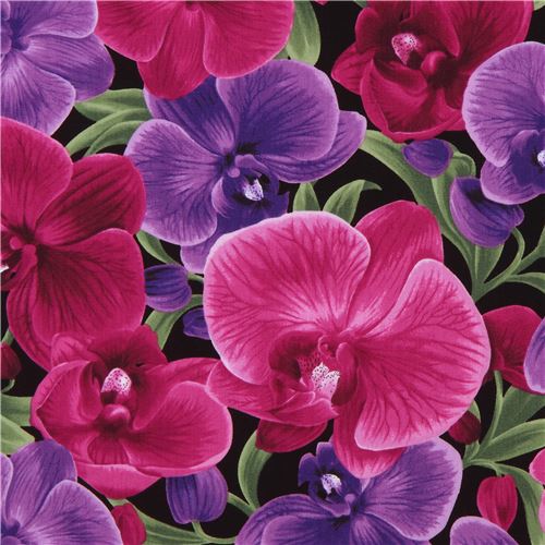 Tela negra con grandes flores orquídea violeta magenta de Timeless  Treasures - modesS4u