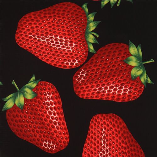 black fabric with big red strawberry pattern by Alexander Henry by ...