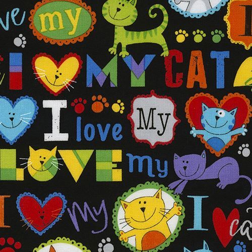 black fabric with colorful I love my cat text by Timeless Treasures Fabric