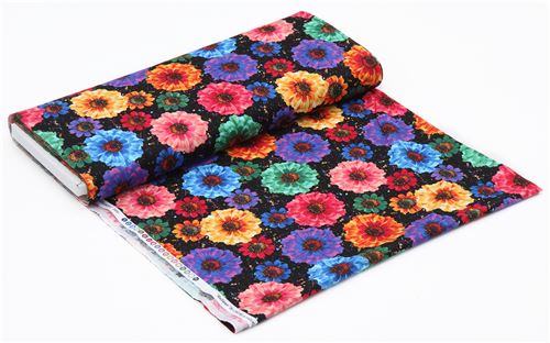 black fabric with colorful blue green purple flower leaf Timeless Treasures 4