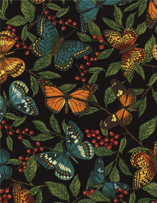 black fabric with colorful butterfly green leaf by Timeless Treasures 2