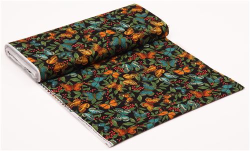 black fabric with colorful butterfly green leaf by Timeless Treasures 3
