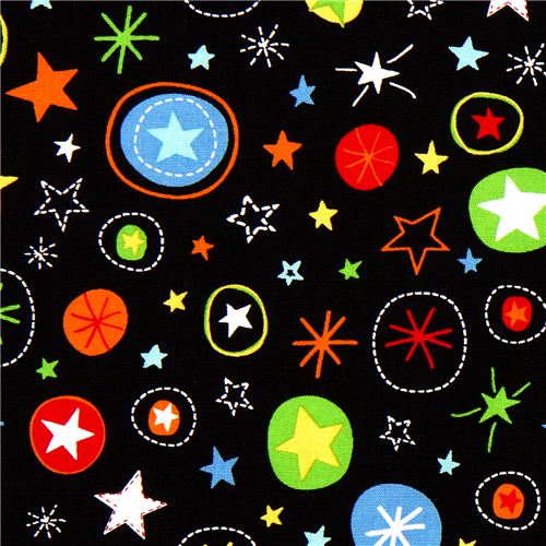 black fabric with colourful stars Robert Kaufman Fabric by Robert ...