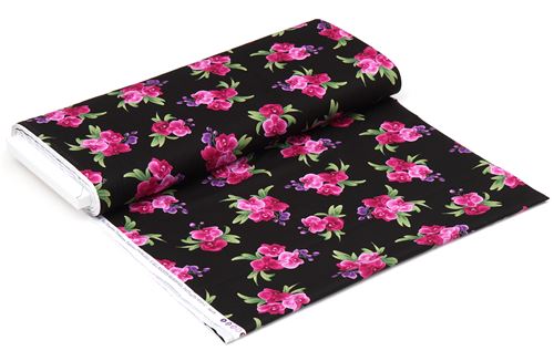 black fabric with magenta purple orchid flower by Timeless Treasures ...