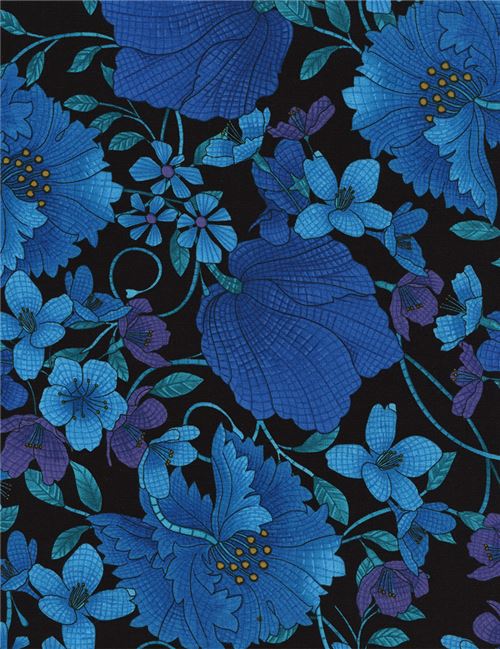 black fabric with mosaic design flower leaf turquoise blue by Timeless ...