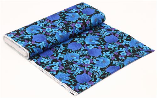 black fabric with mosaic design flower leaf turquoise blue by Timeless Treasures 3