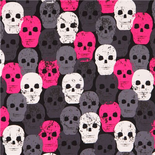 black fabric with pink grey white Skulls 'Skull of Rock' Michael Miller  2