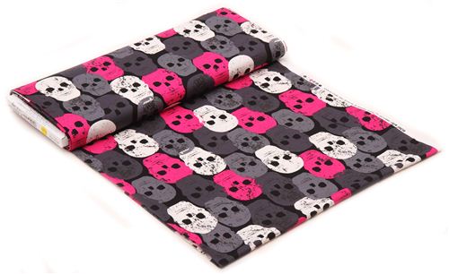 black fabric with pink grey white Skulls 'Skull of Rock' Michael Miller  3