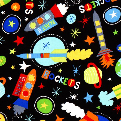 Tissu Robert Kaufman noir motif fusées étoiles espace Tissu