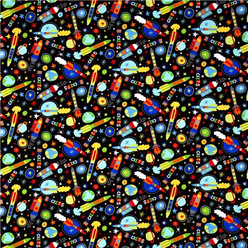 black fabric with rockets stars space Robert Kaufman 2