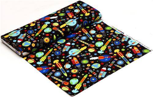 black fabric with rockets stars space Robert Kaufman 3