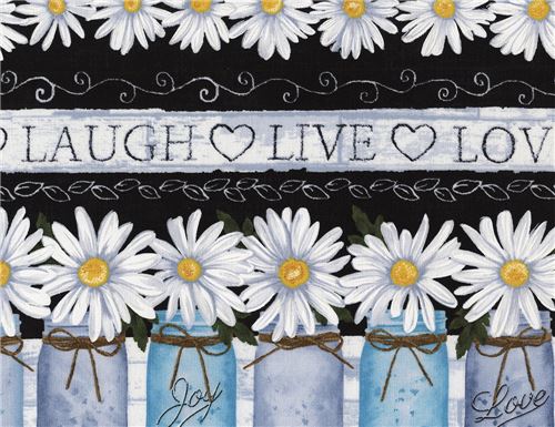 black fabric with stripe white daisy flower jar by Timeless Treasures ...