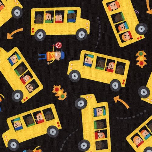 black fabric with yellow school bus arrow sign by Timeless Treasures Fabric