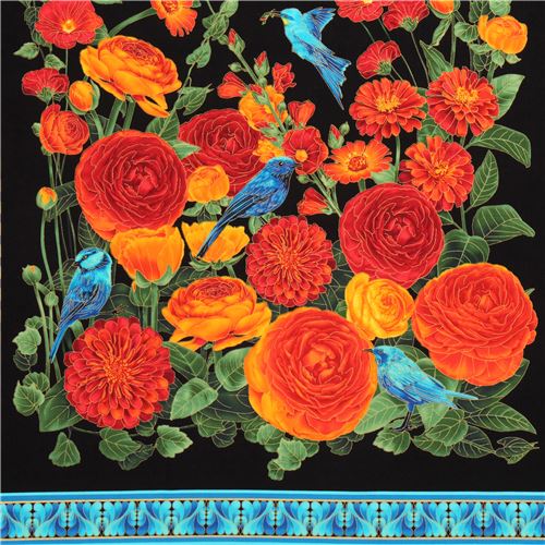 Tela negra panel flor rojo naranja pájaro dorado metálico de Timeless  Treasures - modesS4u