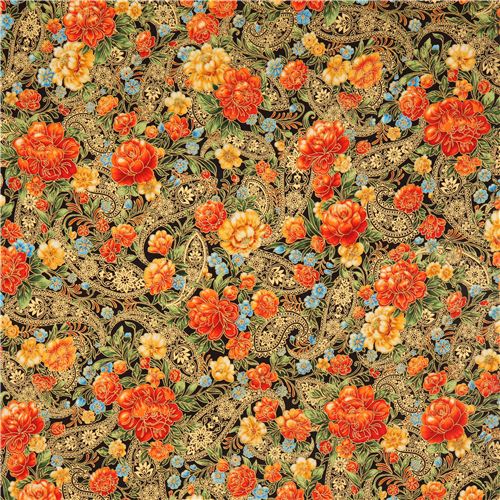 black flower fabric with gold Robert Kaufman orange 2