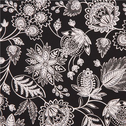 black flower ornament fabric by Timeless Treasures Jacobean