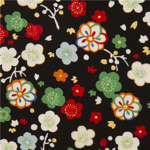black flower poplin fabric by Kokka Fabric