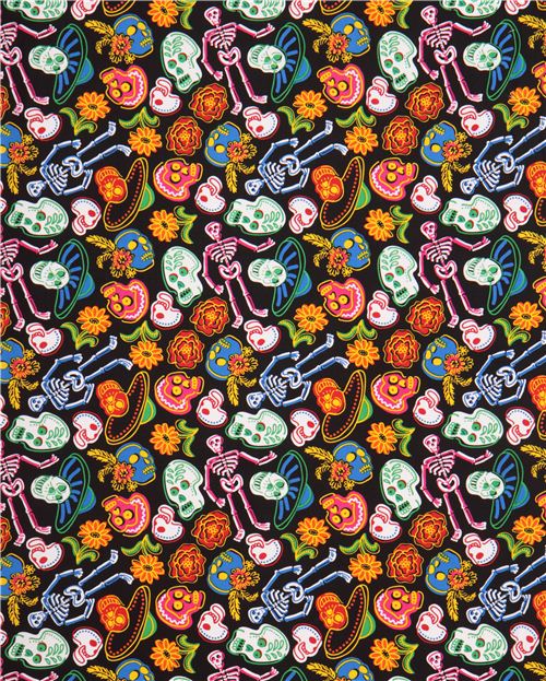 black flower skeleton skull fabric Calavera USA 5