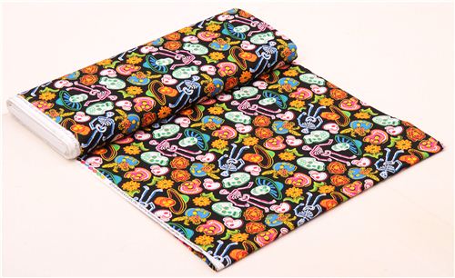 black flower skeleton skull fabric Calavera USA 6