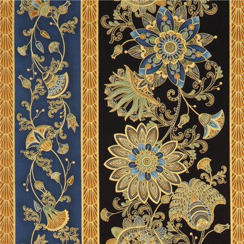 black flower stripe fabric with gold Timeless Treasures - modeS4u