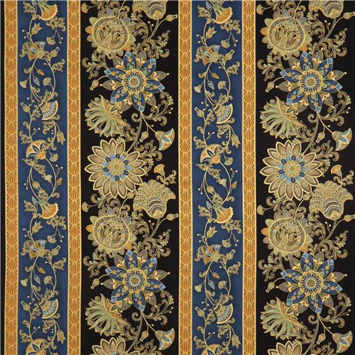 black flower stripe fabric with gold Timeless Treasures 2