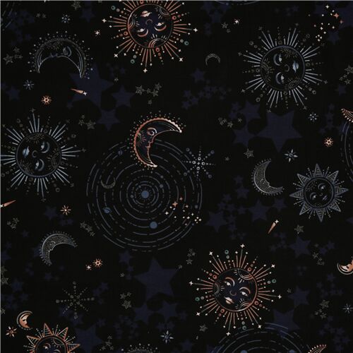 black glitter accent sun moon stars astrology cotton fabric by Robert ...