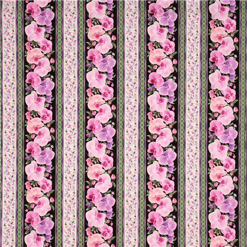 black-green orchid blossom stripe fabric Timeless Treasures USA 4